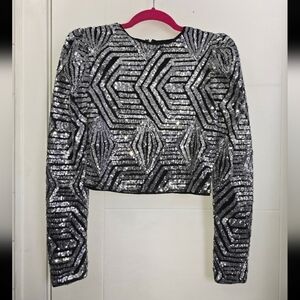 Flying Tomato Sequin Geometric Patterned Top - Silver and Black Sz S